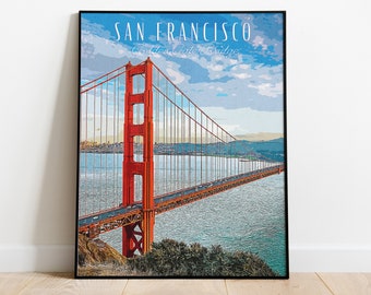 San Francisco Digital Travel Art, Golden Gate Bridge Vintage Posters, California Wall Art, Poster, Travel Poster, Art Deco Travel Posters