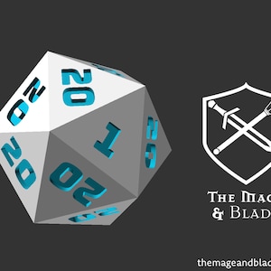 Może przedstawiać: Biała 20-ścienna kostka do gry z niebieskimi liczbami, biała tarcza z dwoma skrzyżowanymi mieczami i tekstem "The Mage & Blade" oraz "themageandblade.com".
