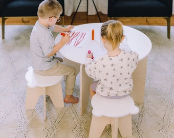 Children's play table set with stools | white and natural wood | Margot & Henri