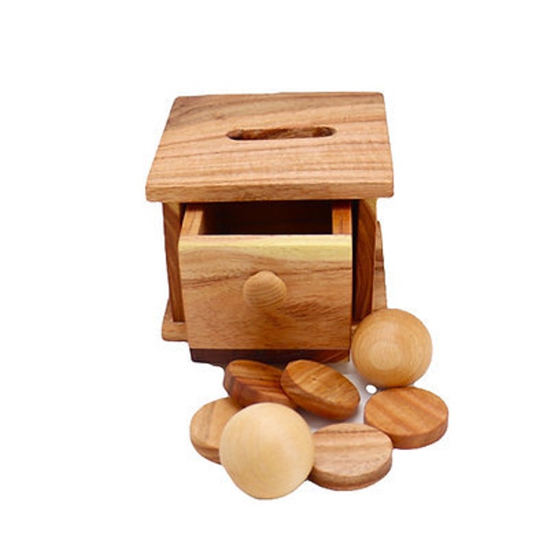 Montessori Imbucare Box, object permanence box 2 in 1, with coins and balls image 1