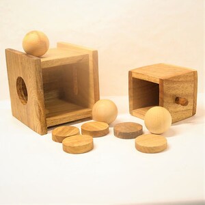 Montessori Imbucare Box, object permanence box 2 in 1, with coins and balls image 2