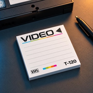 May include: A square notepad with white paper and black horizontal lines. The top features the word VIDEO in black with a small black triangle and a thin multi-colored line. The bottom left has a VHS logo and the bottom right says T-120.