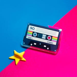 Vintage-Inspired Retro Cassette Tape Acrylic Pin – 80s Music Lover Gift