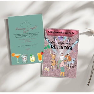 Granny’s night out bachelorette party invitation, single days retiring, going out with the old!customizable template digital download Canva
