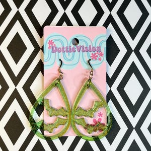 Green Glitter Bat Teardrop Earrings | Resin Statement Dangles | Handmade Deadstock Jewelry | Halloween Bat Accessories