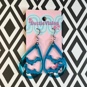 Blue Bat Teardrop Earrings | Resin Statement Dangles | Handmade Deadstock Jewelry | Halloween Bat Accessories