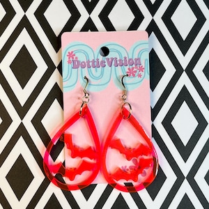 Neon Pink Bat Teardrop Earrings | Resin Statement Dangles | Handmade Deadstock Jewelry | Halloween Bat Accessories
