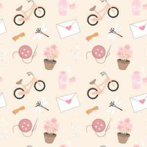May include: A repeating pattern of whimsical illustrations on a cream background. The design includes pink bicycles, envelopes with hearts, sunglasses, dragonflies, sewing buttons, potted flowers, and bubble wands. Bubbles and the word "Bub" are also included.