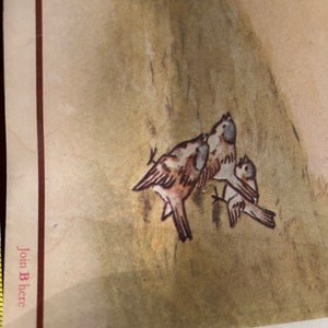 May include: A vintage illustration of three brown birds perched on a branch. The birds are drawn in a watercolor style with soft, muted colors. The background is a light brown with a hint of green.