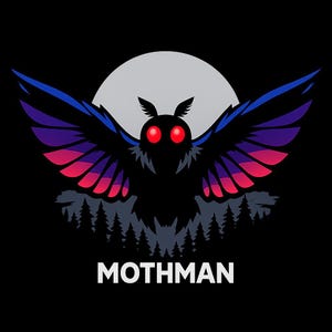 May include: A graphic illustration of the Mothman, a cryptid, against a black background. The Mothman is depicted with a black body, red eyes, and wings with blue, purple, and pink gradients. The word "MOTHMAN" is written in white below the creature.