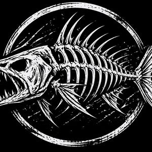 May include: A detailed black and white illustration of a fish skeleton with sharp teeth and a menacing expression. The fish is set against a black background, encircled by a textured white ring, creating a striking contrast.