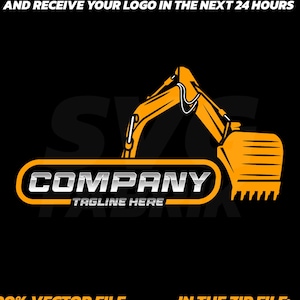 May include: A yellow and black logo featuring an excavator. The logo includes the word "COMPANY" in silver with an orange outline, and the text "TAGLINE HERE". Additional text states "SEND ME THE TEXT AND COLOR BY MESSAGE" and "100% VECTOR FILE TEXT EDITABLE".