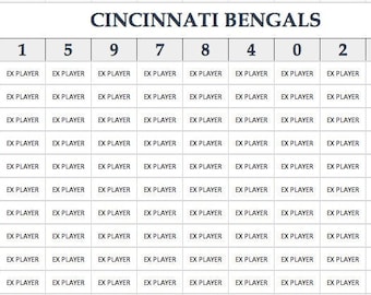 May include: A grid chart with the words "L.A. RAMS" and "CINCINNATI BENGALS" at the top. The chart has numbers 0 through 9 listed vertically on the left side and numbers 1, 5, 9, 7, 8, 4, 0, 2, 3, and 6 listed horizontally across the top. Each cell in the grid contains the text "EX PLAYER".