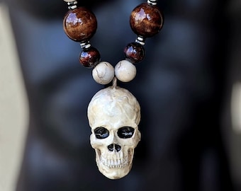Handcrafted Skull Pendant Necklace: Bone & Beech Wood Beads, Customizable