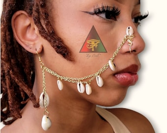 Oshun Cowrie Shell Nose Chain & Earring Set: Adjustable Clip-On Nose Cuff