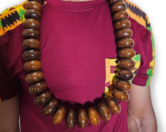 Large Tribal Wooden Bead Necklace: High Gloss African Disk Design