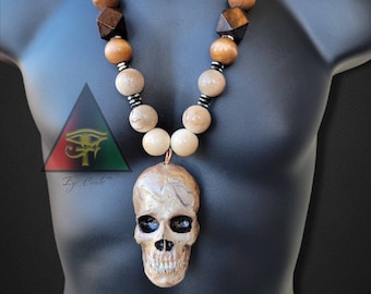 Handmade Wooden Bead Skull Necklace: Customizable Pendant