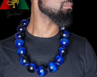 Royal Blue Wooden Bead Necklace: Tiger Eye Bracelet Set