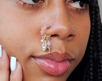 Pink Heart Dangle Nose Cuff or Nose Ring: Handmade Adjustable Jewelry