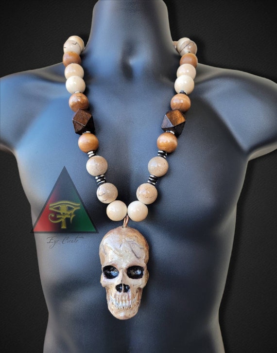 Handmade Wooden Bead Skull Necklace: Customizable Pendant