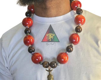 African Mask Necklace: Handmade Wooden Bead Necklace for Him