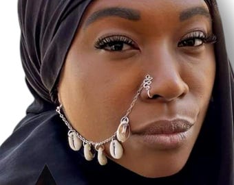 Cowrie Shell Nose Chain: Adjustable Clip-On Nose Cuff, No Piercing