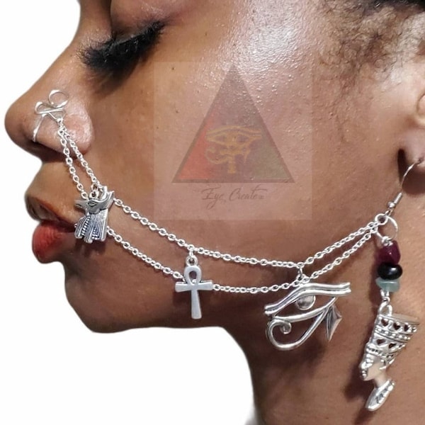 The Power Within Kemetic Nose Chain or Earring Set Ankh Nose Cuff with Anubis Nefertiti Ma'at Eye Of Horas Crystal Nose Cuff Nose Jewelry