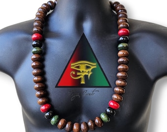 High Gloss Wooden Bead Necklace: Red, Green, Black Accent Beads