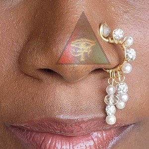 She Glows in Pearls Faux Pearl and Sparkles Dangling Nose jewelry/ PIERCED or NOSE CUFF/ Swarovski Crystal Nose Jewelry/ Pearl Nose Jewelry
