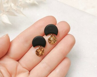 Crescent Moon Black Studs with Gold Brass Charm, Small Celestial Clay Stud Earrings, Christmas Stocking Gift, Letterbox Gift for Sister