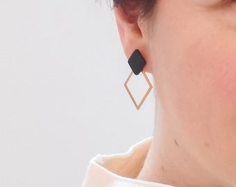 Black & Gold Rhombus Statement Studs, Long Diamond Shape Earrings, Brass Stud Earrings, Geometric Clay Stud, Elegant Minimalist Simple Style