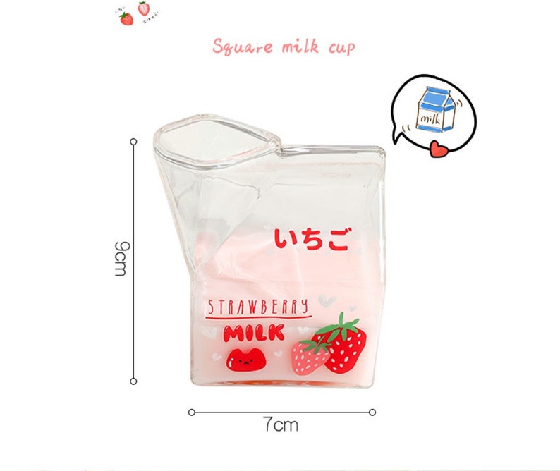 380ml Kawaii Square Milk Carton Glass Cup Cute Strawberry image 2