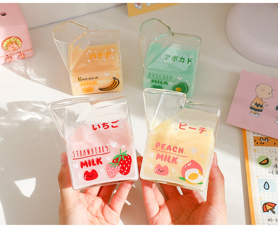 380ml Kawaii Square Milk Carton Glass Cup Cute Strawberry Creative Breakfast Cup For Home Portable Student Transparent Milk Cups