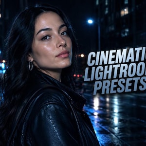 Puede incluir: Una persona con cabello largo y oscuro viste una chaqueta de cuero negra, frente a una calle urbana borrosa de noche con iluminación azul. El texto CINEMATIC LIGHTROOM PRESETS aparece en letras mayúsculas blancas a la derecha.