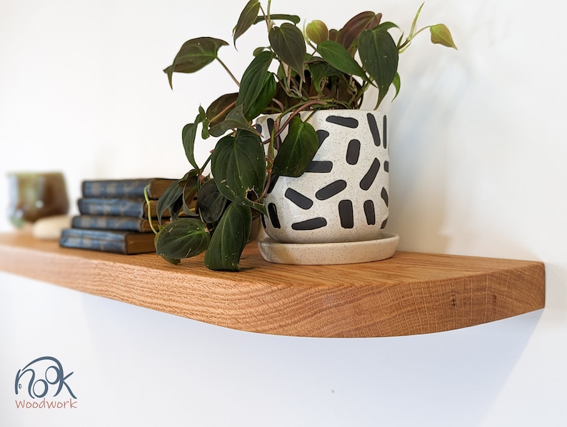 Long and thick floating shelves with rounded corners and a playful potted plant 