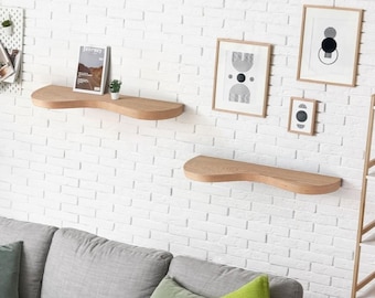 Double Curve Thick Oak Floating Shelf