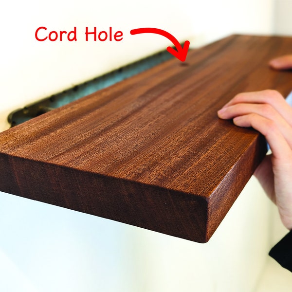 Thick Mahogany Floating Shelf with Grommet Hole for Cable Management