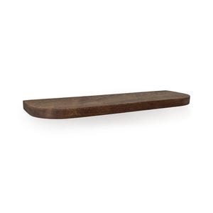 A single floating wall shelf made of walnut, dark brown stained wood. The shelf features a rectangular shape with rounded edges on the front corners, showcasing a visible wood grain texture throughout the surface of the horizontal board.