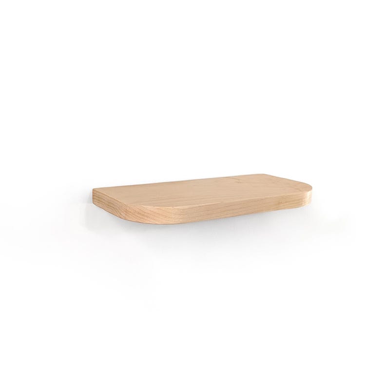 A light-colored wooden wall shelf featuring a smooth, flat top surface and rounded front corners. The shelf has a visible natural wood grain pattern and a thick, solid construction with a clean, simple design for wall mounting.