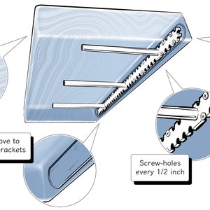 May include: A close-up of a blue metal shelf bracket with rounded edges and a groove to hide brackets. The bracket has a series of screw holes every 1/2 inch and a weight capacity of 50 lbs. per stud.