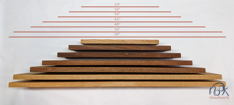 May include: A set of eight wooden shelves in various sizes, ranging from 24 inches to 60 inches in length. The shelves are arranged in a pyramid shape, with the smallest shelf at the top and the largest shelf at the bottom. The shelves are made of different types of wood, including oak and walnut.