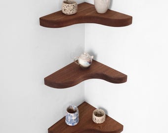 Floating Corner Shelves with Sculpted Edge in Oak, Mahogany, Maple