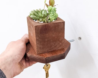 Key Hook Floating Shelves | Small Mahogany Octagon | Plants, Candles, Wall Décor | Boho Minimalist