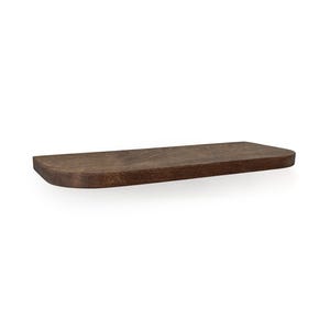 A dark brown, walnut wooden floating shelf with a smooth, rectangular surface and rounded front corners. The wood grain is visible across the top, showcasing a deep, rich tone with a consistent finish throughout the entire piece.