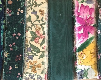 Vintage Green Floral Hand Torn Fabric Ribbon Strips for Scrapbooks, Snippets, Slow Stitching, Banners, Gift Wrapping, Choice of 6