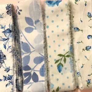 Blue Floral Hand Torn Fabric Ribbon Strips for Scrapbooks, Snippets, Slow Stitching, Banners, Gift Wrapping - 6 Pattern Choices