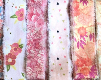 Vintage Pink Floral Hand Torn Fabric Ribbon Strips for Scrapbooks, Snippets, Slow Stitching, Banners, Gift Wrapping, 6 Pattern Choices