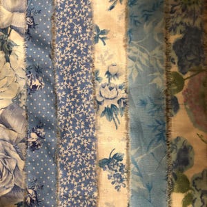 Vintage Blue Floral Stripe Hand Torn Fabric Ribbon Strips for Scrapbooks, Snippets, Slow Stitching, Banners, Gift Wrap, 6 Pattern Choices