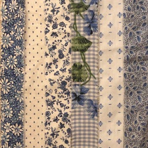 Vintage Blue Floral Geometric Hand Torn Fabric Ribbon Strips for Scrapbooks, Snippets, Slow Stitching, Banners, Gift Wrap, 6 Pattern Choices