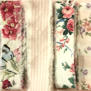 Vintage Rose Floral Hand Torn Fabric Ribbon Strips for Scrapbooks, Snippets, Slow Stitching, Banners, Gift Wrapping, 6 Pattern Choices